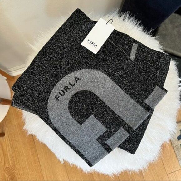 Furla Metallic Knit Scarf, Wool, Black & Gray, Reversible,Designer Luxury, NWT - Picture 3 of 15